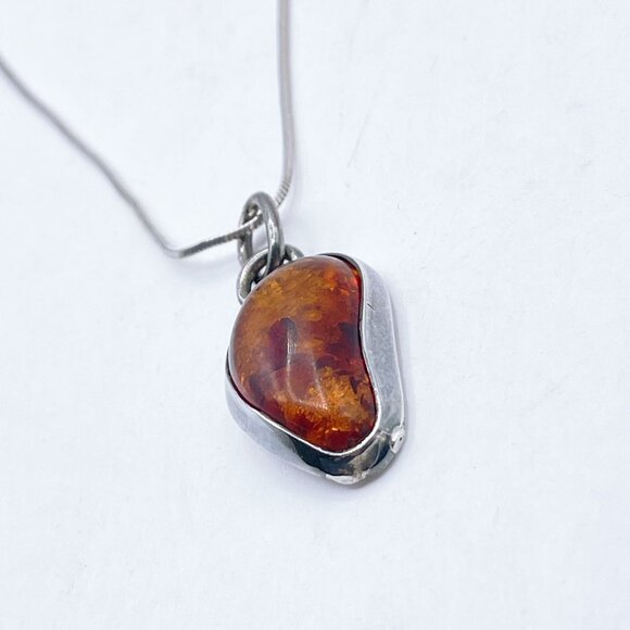 Sterling Silver Pendant Necklace With Genuine Amber Teardrop Design - Picture 2 of 8
